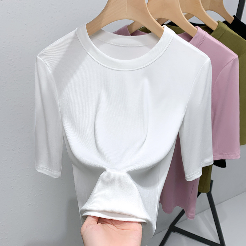 Camiseta modal de manga media para mujer 2023 nueva camiseta de media manga con cuello redondo de ala ancha para mujer, cintura elástica, top ajustado