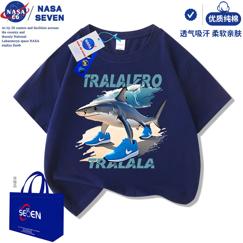 NASA アメリカの山と海の経典 純綿 Tシャツ 子供用 夏新作 忍者サメ 半袖 男の子 トップス|undefined