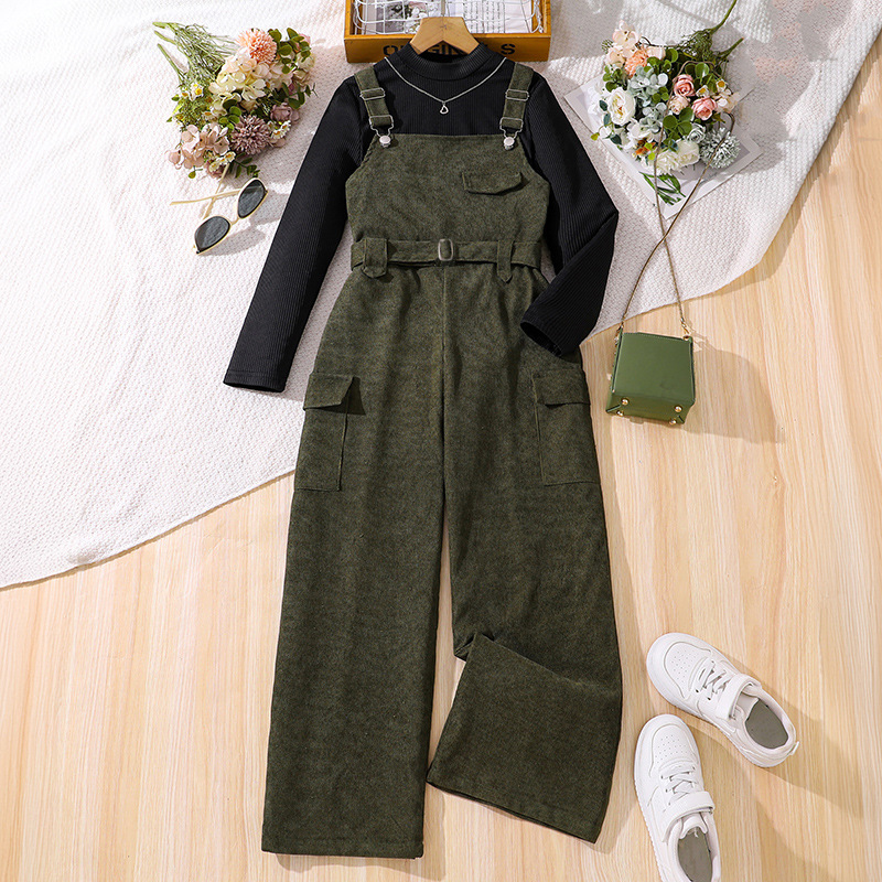 Girls' overalls set Korean version autumn and winter new item, mid size sleeved knitted sweater long pants two-piece_voghion.com