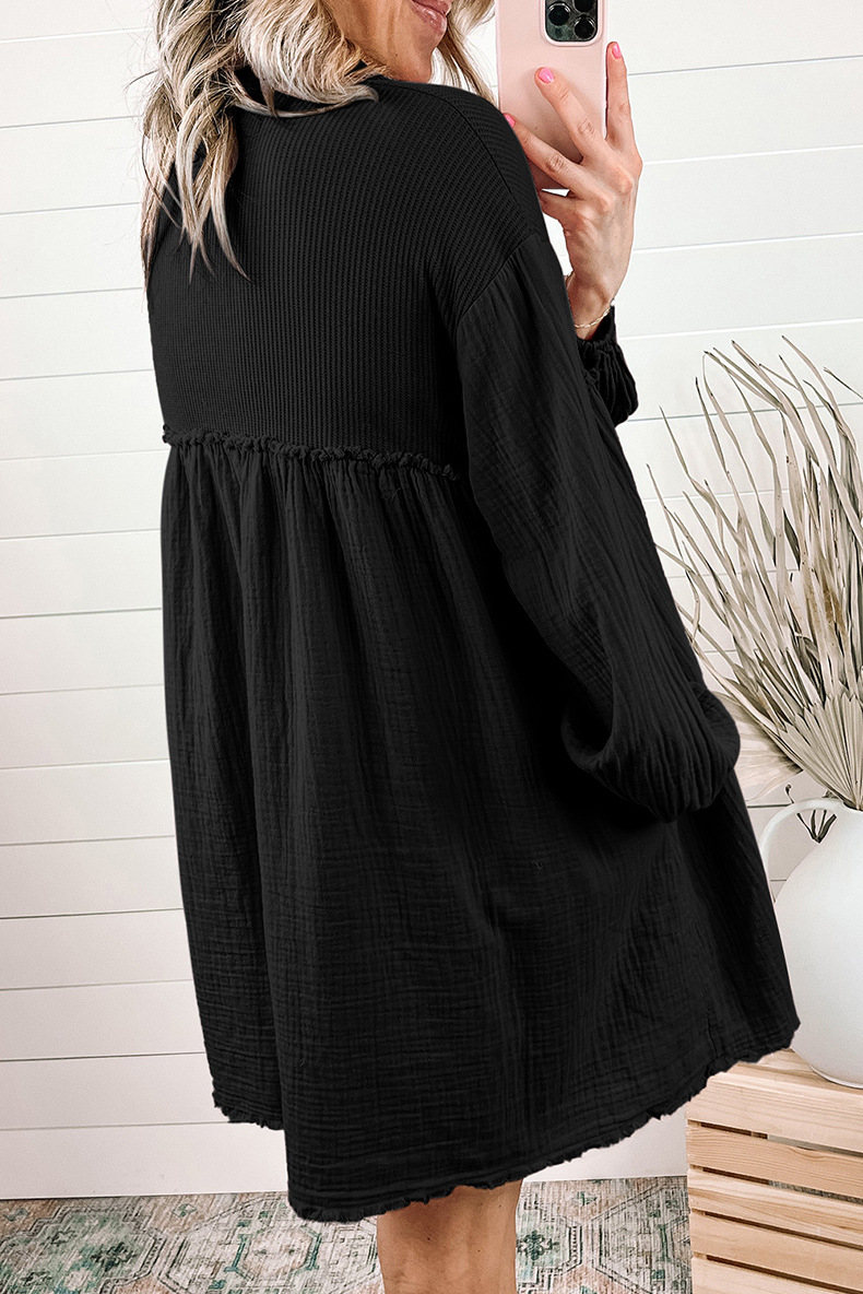 Early Autumn Thin Type Patchwork Pleated Long Sleeve Dress Women Casual High Waist Knee Length Short Dress Women