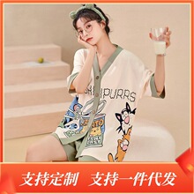 睡衣女100%纯棉夏季开衫新款短袖短裤套装卡通可爱家居服可外穿女