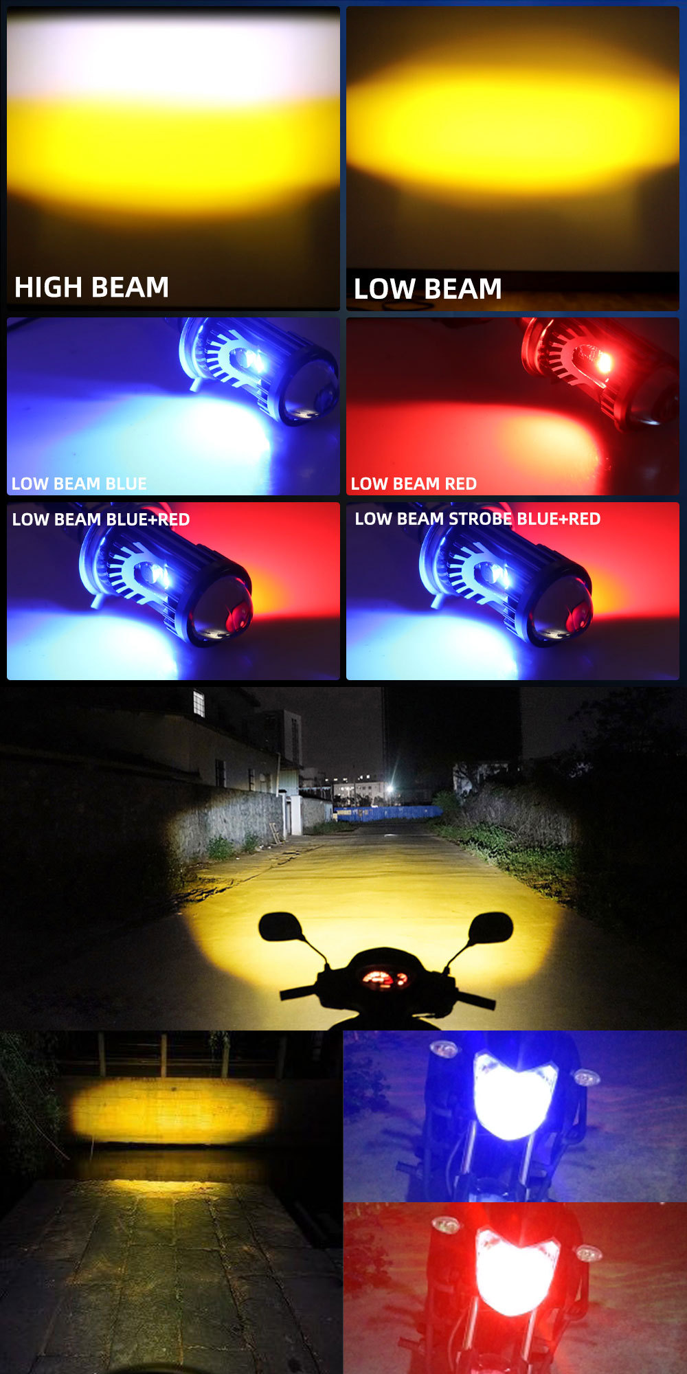 Cross-Border Motorcycle Modified Headlight Ba20D H4 P15D White-Yellow High and Low Beam Red-Blue Warning Fisheye Spotlight