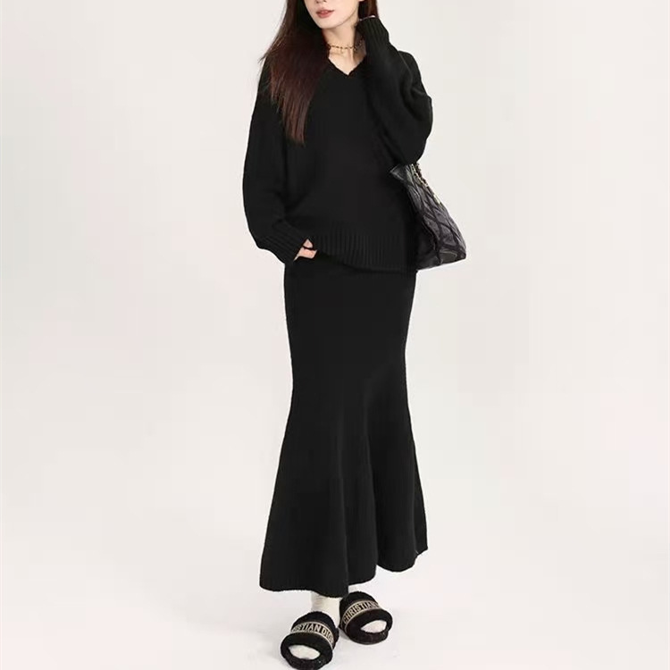 秋冬新款韩版时尚休闲针织套装女装气质宽松百搭鱼尾裙毛衣两件套|undefined