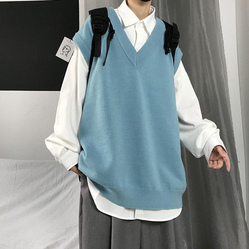 Knitted Vest V-Neck Sleeveless Sweater for Men, High-End Lazy Style, Japanese Loose-Fitting Solid Color Sweater Vest, Trendy
