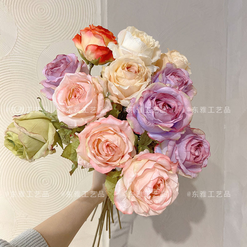 Simple artificial flower burnt edge rose artificial flower burnt flower wedding hotel decoration online red photo props manufacturers cross-border