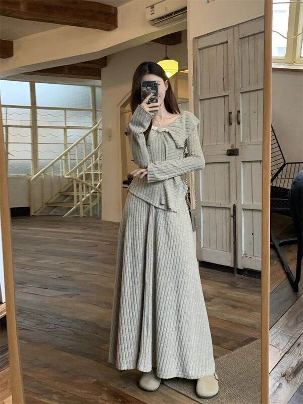 甜美时尚套装设计感不规则针织毛衣高腰半身长裙春秋女两件套减龄|undefined