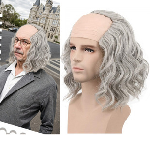 Cross-border Men's Scientist Bald Wig Shortwave Wave Head Gray Leather Curly Hair Set Halloween Cosplay Hair