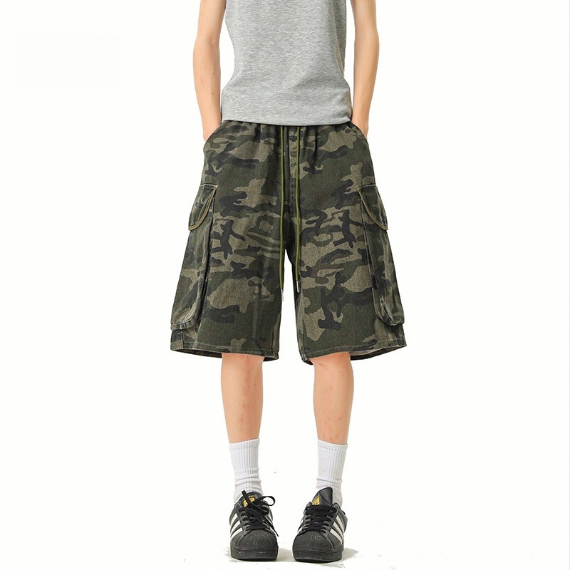 American Retro Multi-Pocket Camouflage Cargo Shorts for Men 2025 Summer Trendy Hip-Hop Loose Wide-Leg Knee-Length Shorts