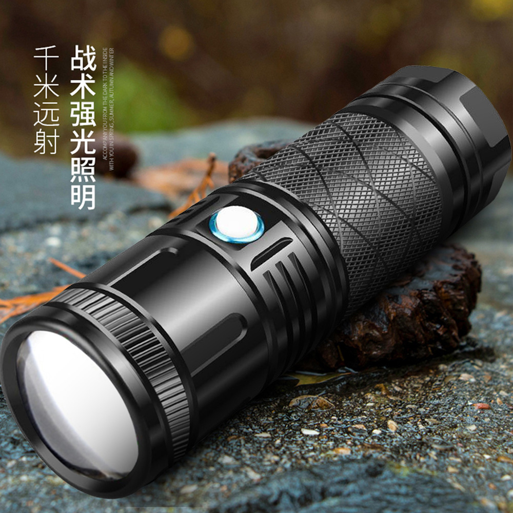 抖音热卖新款户外防水USB充电小钢炮白激光远射战术大功率手电筒