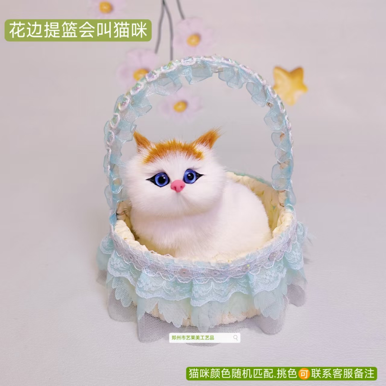 고양이는 호수 녹색 스팽글 레이스 바구니를 짖을 수 있습니다