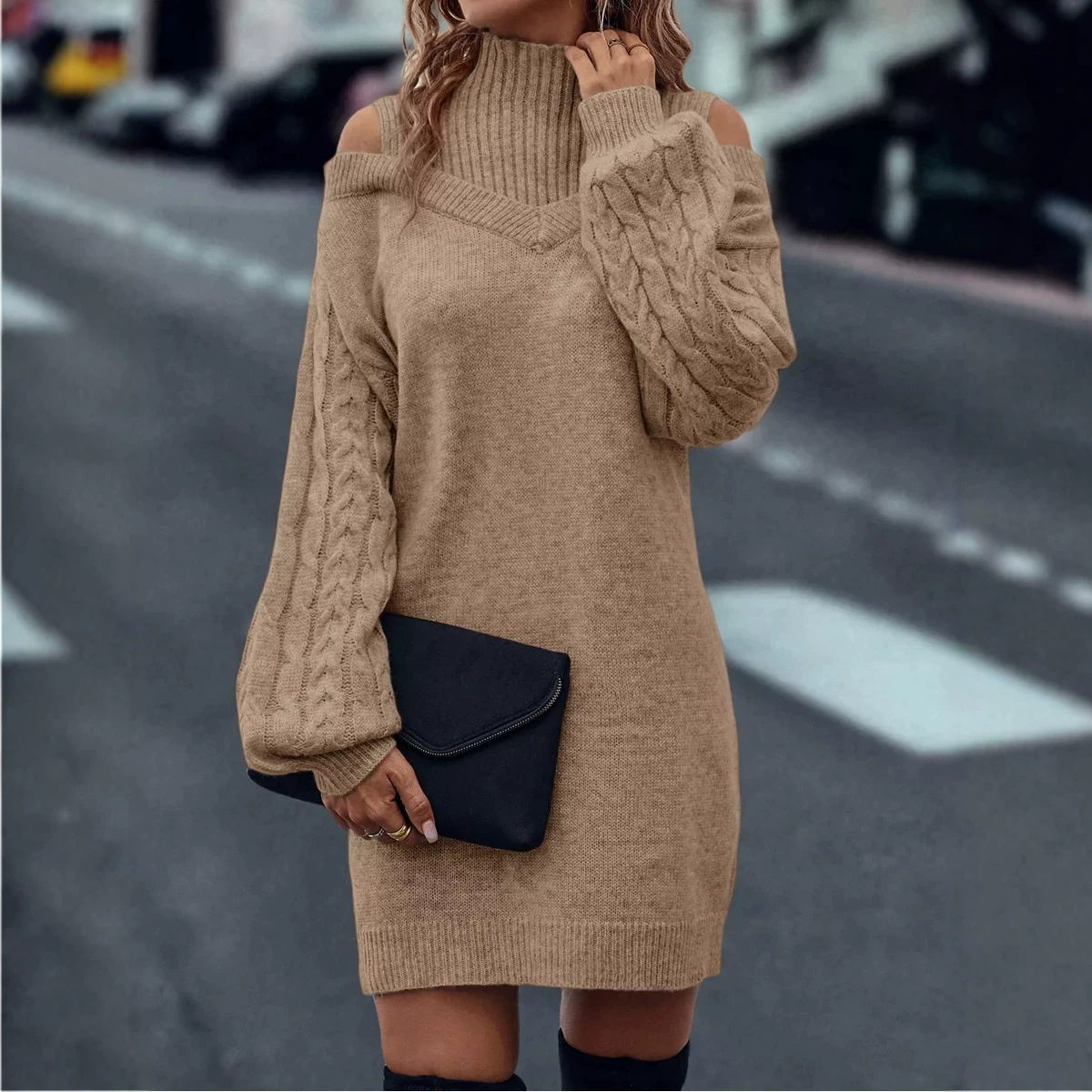 European and American style off-shoulder casual pullover long sweater for women, 2026 autumn and winter new model, half-high collar long-sleeve knitted top for women
