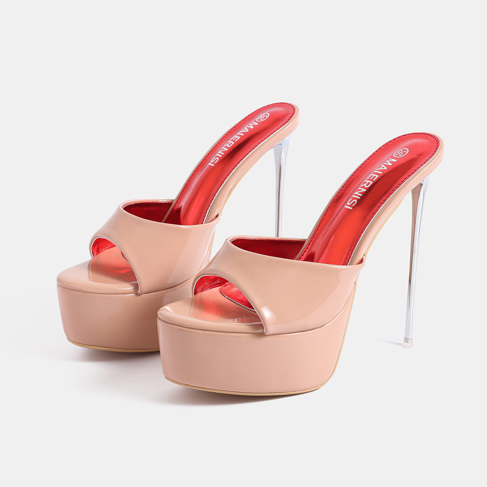 Dép sandal nữ quai ngang gót siêu cao 9 cm, đế platform 4 cm, hở mũi, chống thấm nước — Màu be, màu đen chi tiết 9
