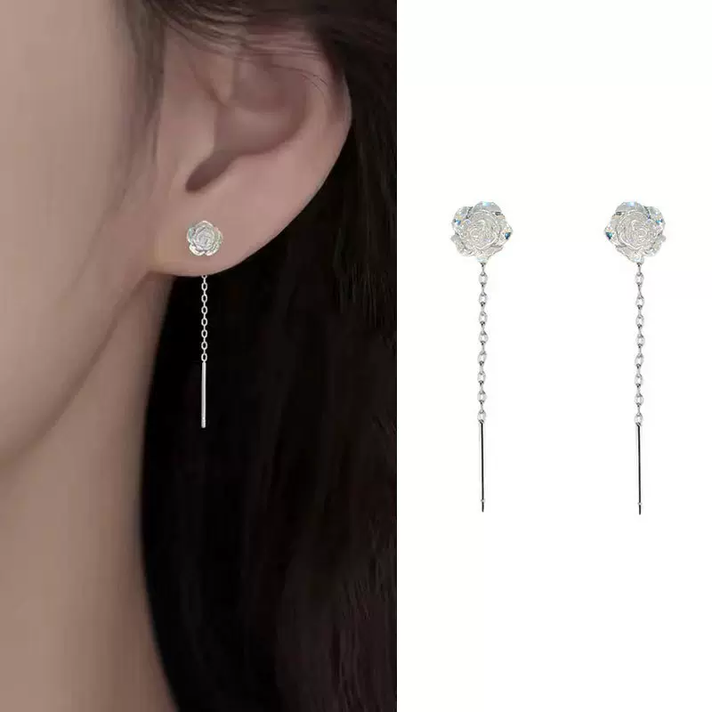 绝美爆款耳线925银针白色玫瑰花朵百搭耳饰女简约时尚甜美耳环