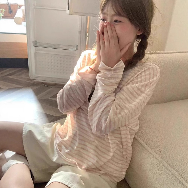 Korean Sweet Pink Striped Lace-Up Sun Protection Shirt for Women Summer Thin Loose Breathable Long-Sleeved Lazy Style Blouse Top