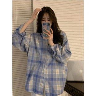 蓝色格子衬衫女oversize休闲宽松bf春夏设计感长袖衬衣外套上衣潮-阿里巴巴