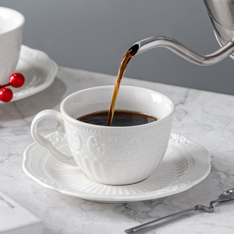 British Baroque Albert Ancient Latte Cup Embossed Pattern Ceramic Coffee Cup Saucer