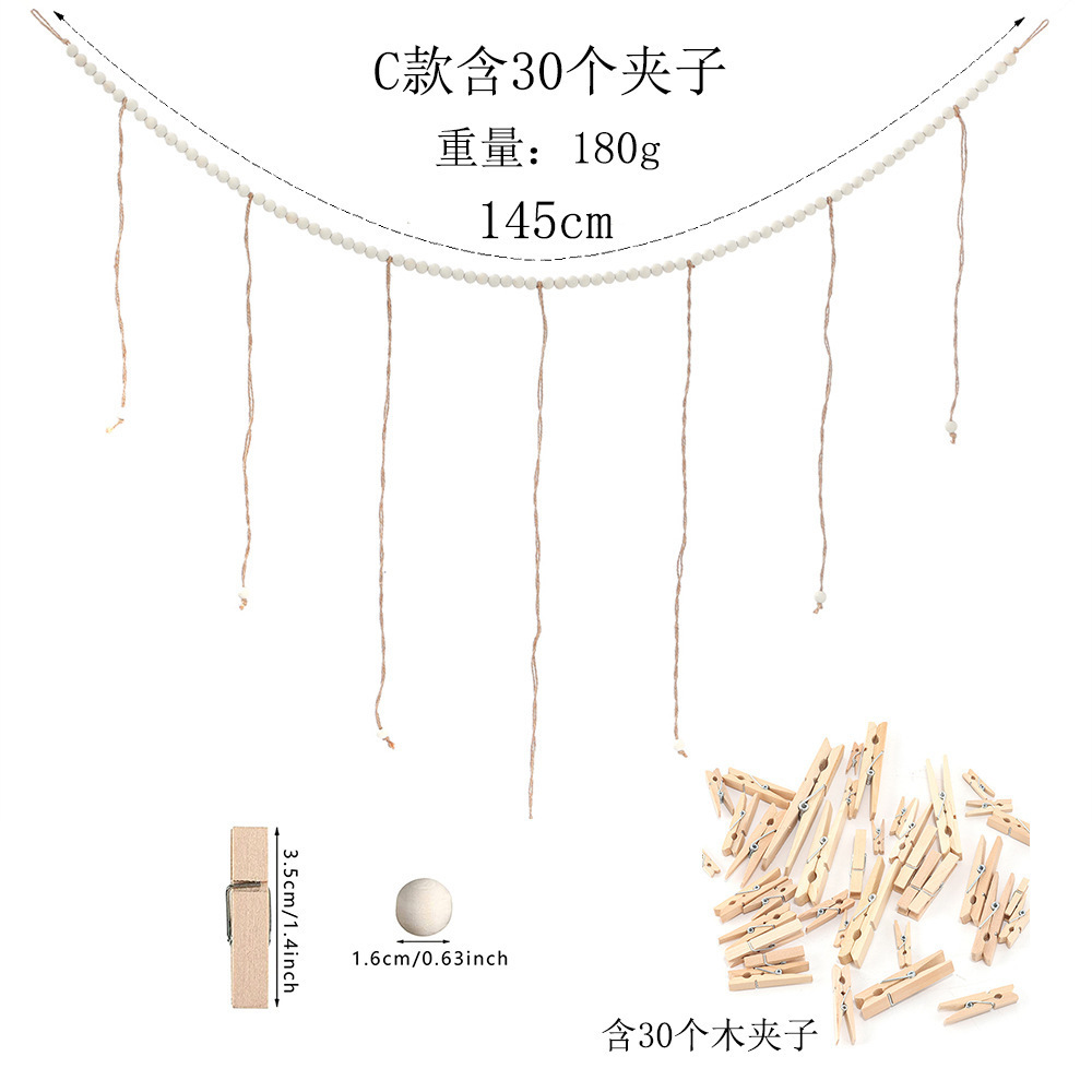 Visualización de fotos colgantes de cuentas de madera Color de madera Cuentas de madera de hilo de cáñamo Clip de madera con flecos Decoración de almacenamiento de fotos