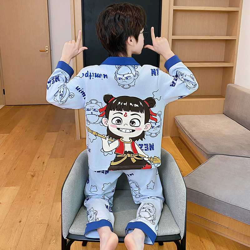 Children's pajamas cotton long-sleeved spring and autumn thin super cute little boy medium and big children can wear outdoor home wear suit Cotton