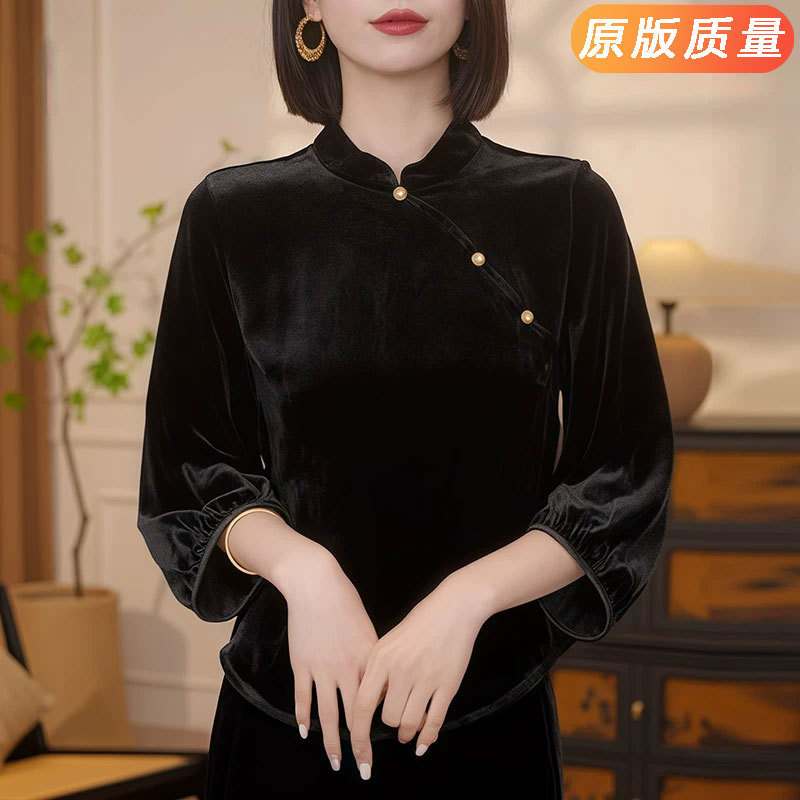 Velvet Chinese-Style Top Black Three-Quarter Sleeve High-End Improved Cheongsam Shirt with Diagonal Placket and Stand Collar New Chinese-Style Shirt for Women Autumn