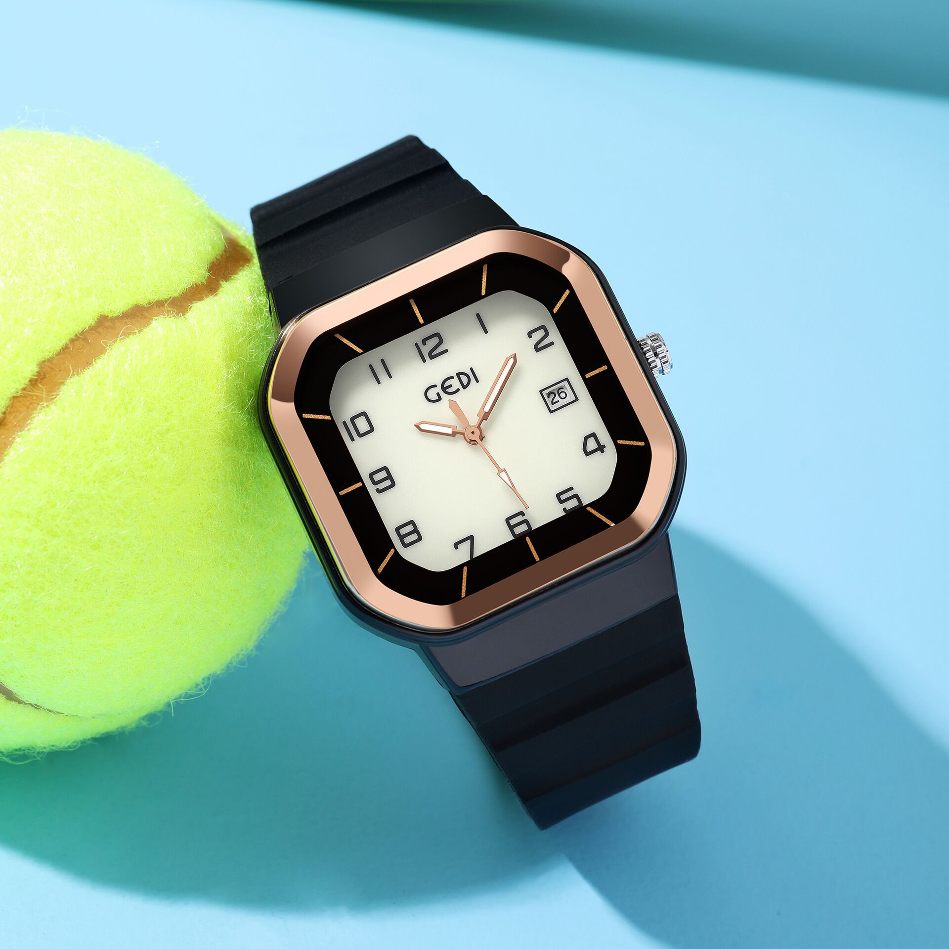 watch Gedi neutral square luminous digital scale with calendar, sports and fashion silicone tape, waterproof f_voghion.com