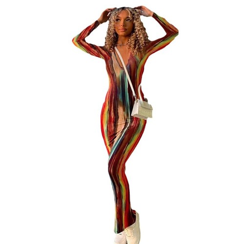 European and American TEMU Plus-Size Skirt, V-Neck, Striped, Long-Sleeve, Body-Hugging, Slim-Fit, Sexy Autumn/Winter Dress for Women