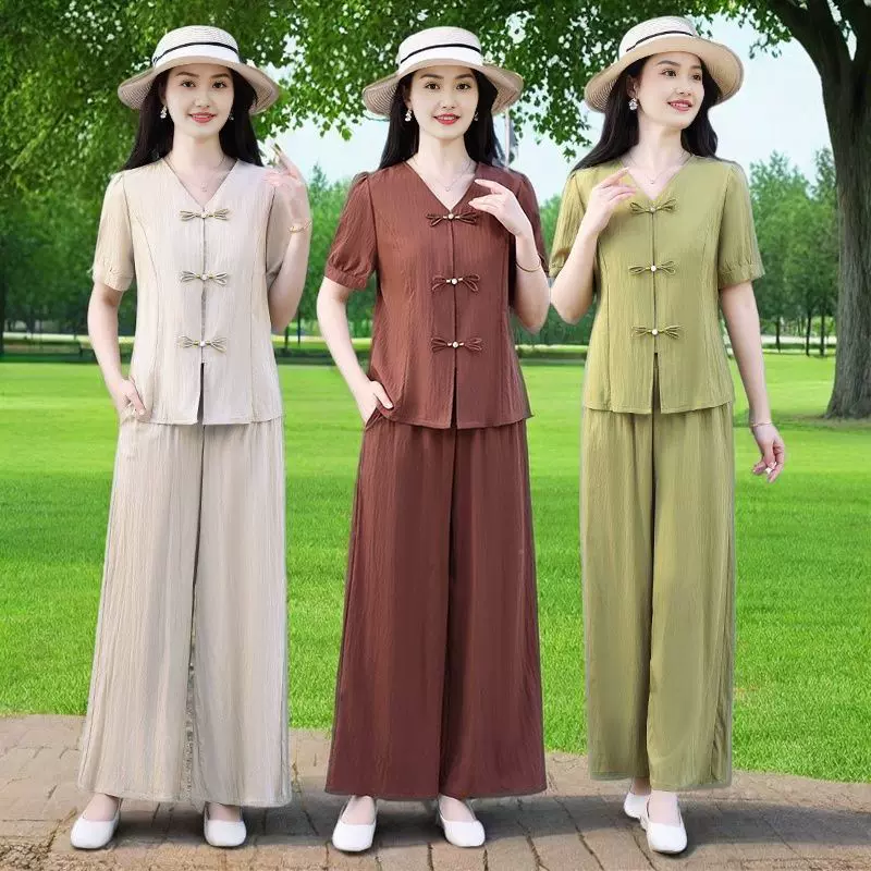 奢品首发!点翠工艺扣新中式套春夏中式盘扣阔腿裤显瘦旅行两件套