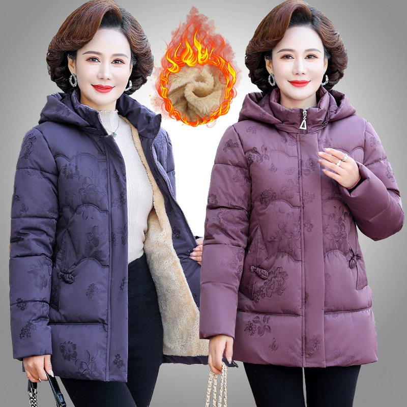 Мама новая зимняя одежда средней и длинной бархатная толстая хлопчатобумажная одежда бабушка с капюшоном хлопчатобумажная куртка среднего и пожилого женского возраста
