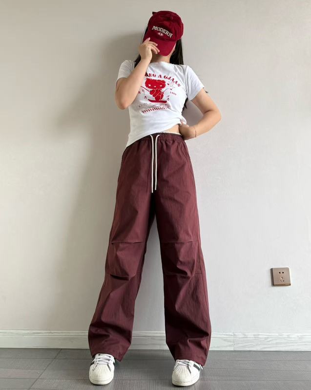 工装裤休闲裤秋季新款2025韩版显瘦梭织撞色松紧腰抽绳宽松女裤子|undefined