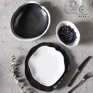 Frosted Black and White Ceramic Plate Creative Scandinavian Style Soup Plate Dinner Plate Simple Commercial Dish Plate Western Steak Plate