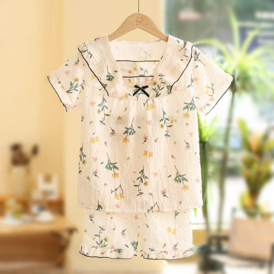 Children's pajamas short-sleeved summer seersucker crepe sweet cute princess style medium and big Children Baby Girls' Home wear suit