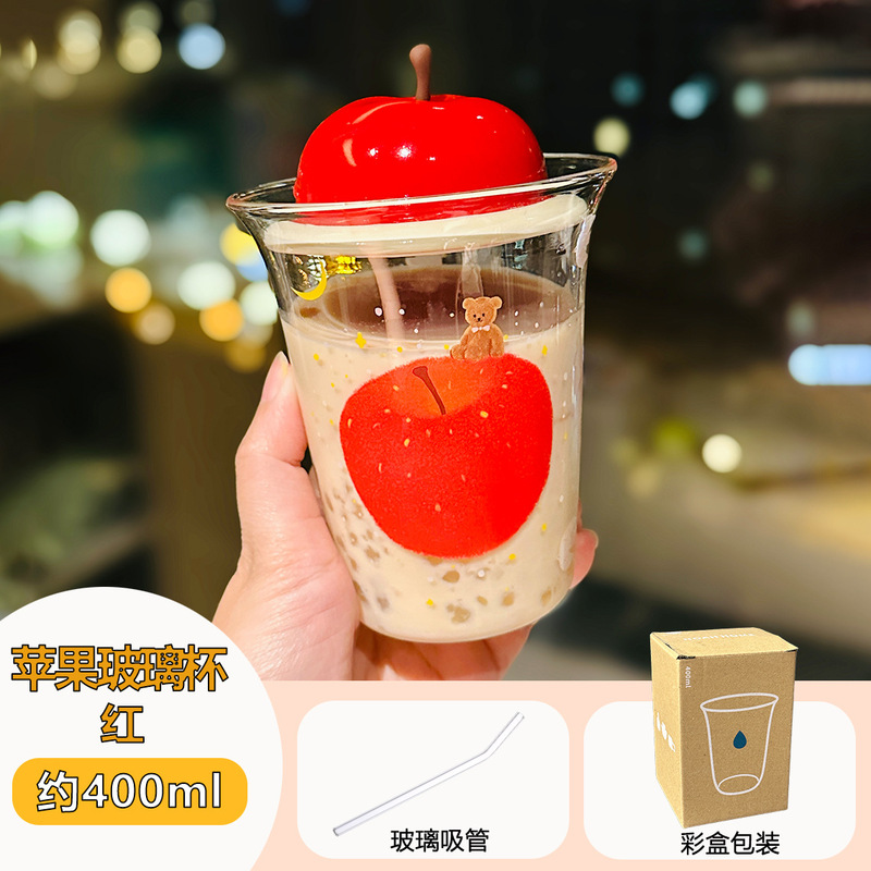 卡通苹果高硼硅玻璃杯带盖可爱家用水果吸管杯耐高温马克杯伴手礼|undefined