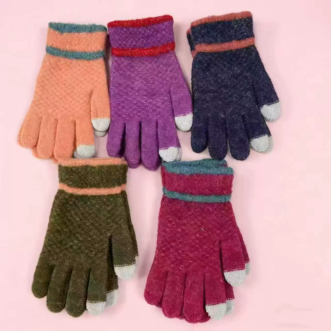 秋冬季厂家马海毛时尚全指保暖加绒针织触屏提花菠萝手套成人防寒