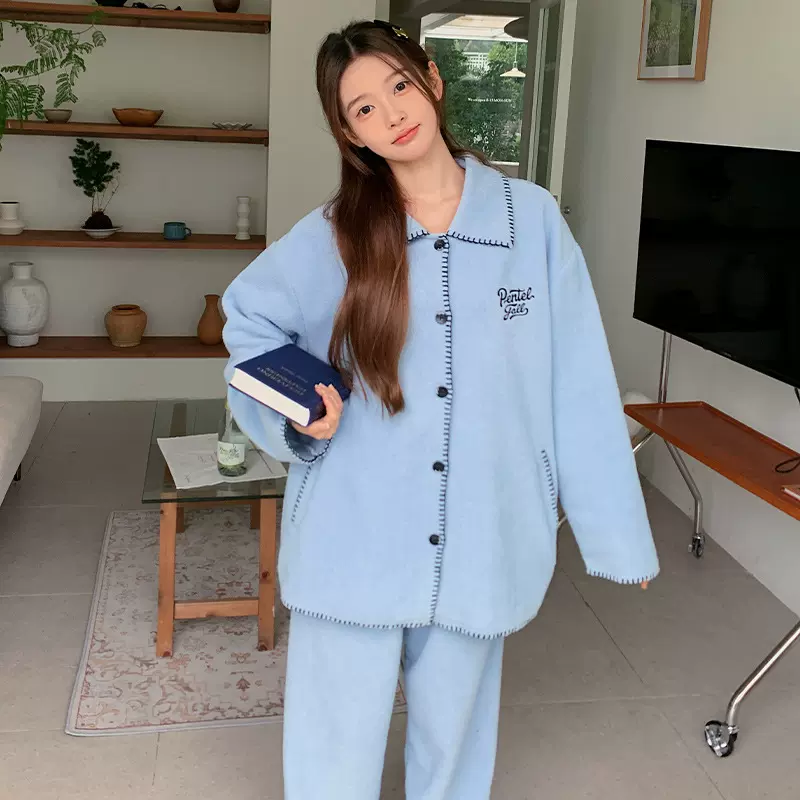 秋冬新款baby蓝韩式英文字母刺绣果粒绒睡衣套装可外穿简约家居服
