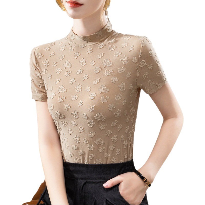 Camiseta de manga corta con cuello alto para mujer 2023 camiseta de otoño nueva camiseta de mujer vintage bordado jacquard top