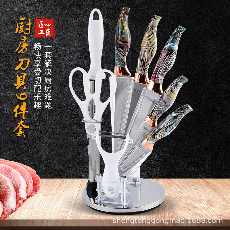 Fabricantes de cuchillos de cocina al por mayor juego de 9 piezas mango de sirena con soporte de cuchillo acrílico utensilios de cocina de acero inoxidable juego de regalo