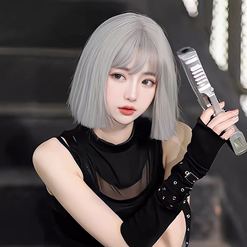 Cos wig female bobo headgear net red straight hair Japanese and Korean grandma gray short hair high temperature silk wig set manufacturers supply Cos wig female bobo headgear net red straight hair Japanese and Korean grandma gray short hair high temperature silk wig set manufacturers supply
