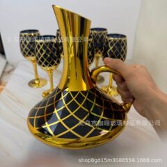 跨境新款电镀工艺品玻璃分酒瓶醒酒器高脚红酒杯酒具套装摆件批发