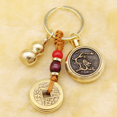 Real copper transfer money zodiac brass five emperors money key chain open gourd pendant jewelry pendant key chain stall