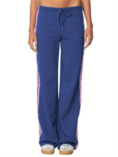 2025 Cross-Border New European and American Women's Striped Casual Sports Pants Polyester Woven Fabric