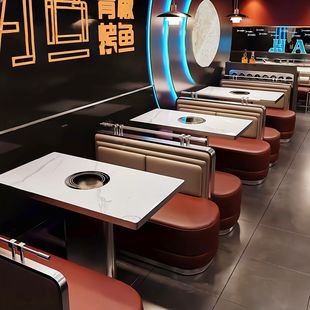 Factory Direct Sales Commercial Hot Pot Table Slate Dining Table and Chair Combination Korean Gas Stove Induction Cooker Integrated Table