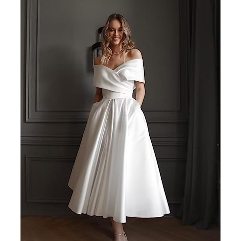 Off-Shoulder Satin Ball Gown Tea-Length Formal Dress with Pockets, Foreign Trade Wedding Dress Off-Shoulder Satin Ball Gown Tea-Length Formal Dress with Pockets, Foreign Trade Wedding Dress