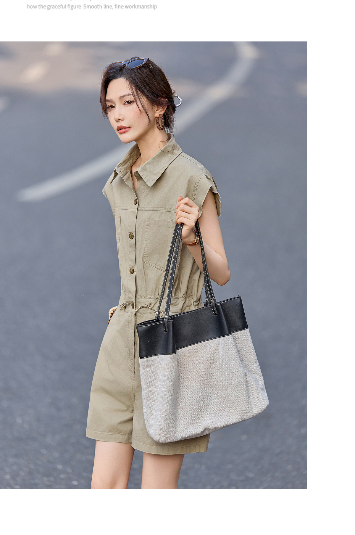 Jumpsuit nữ dáng suông tay ngắn phong cách công sở cổ điển — Quân đội xanh, màu kaki chi tiết 18