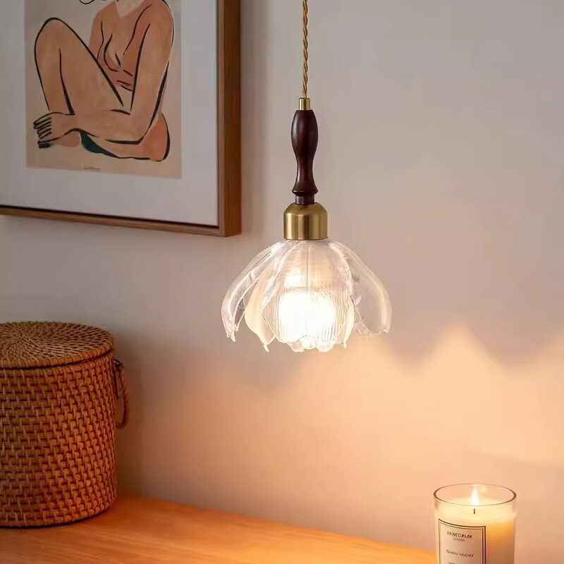 Flower Chandelier Medieval Retro Bedroom Single-Head Hanging Small Chandelier Petal Creative Design Art Bedside Chandelier