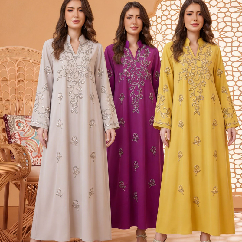 In-Stock Cross-Border Middle Eastern Muslim Abaya Women's Rhinestone Dress Dubai Women's Clothing Foreign Trade Wholesale