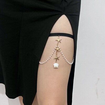 欧美跨境饰品 性感珍珠贝壳腿链夏季新品贝壳海星五角星身体链|ru