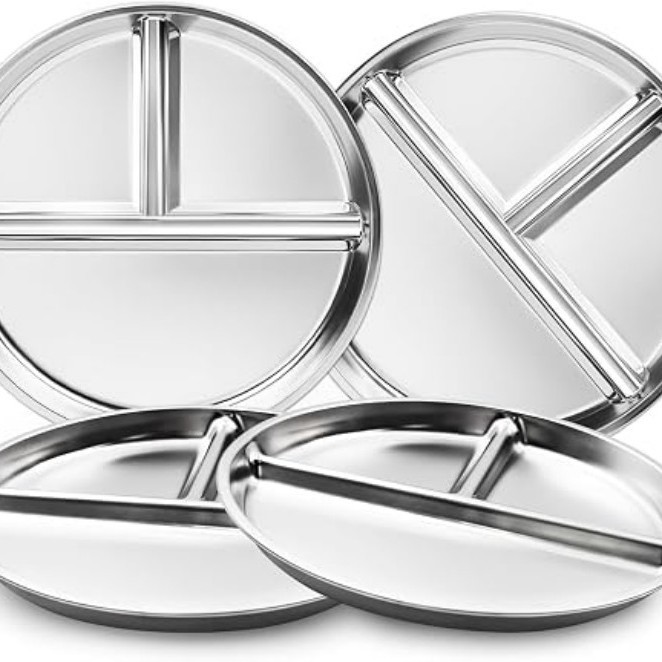 Cross-Border Food-Grade 304 Stainless Steel Divided Plate 8.1/ 9inch Round Children's Baby Plate for Portion Control