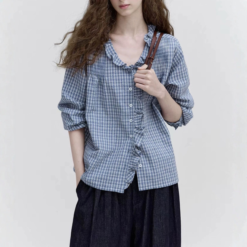 Nordic retro plaid color-block micro-bubble texture V-neck lace collar shirt for women