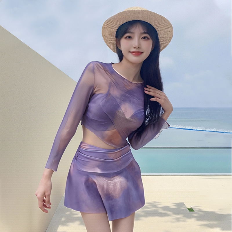 2025 nuevo traje de baño femenino dividido traje de baño de tres piezas sexy púrpura gasa de red bikini spa traje de baño de vacaciones al por mayor