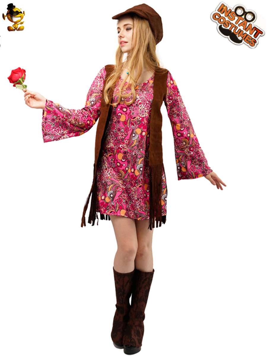 Las mujeres adultas 70s hippie borla etapa rendimiento traje chica grande carnaval hippie
