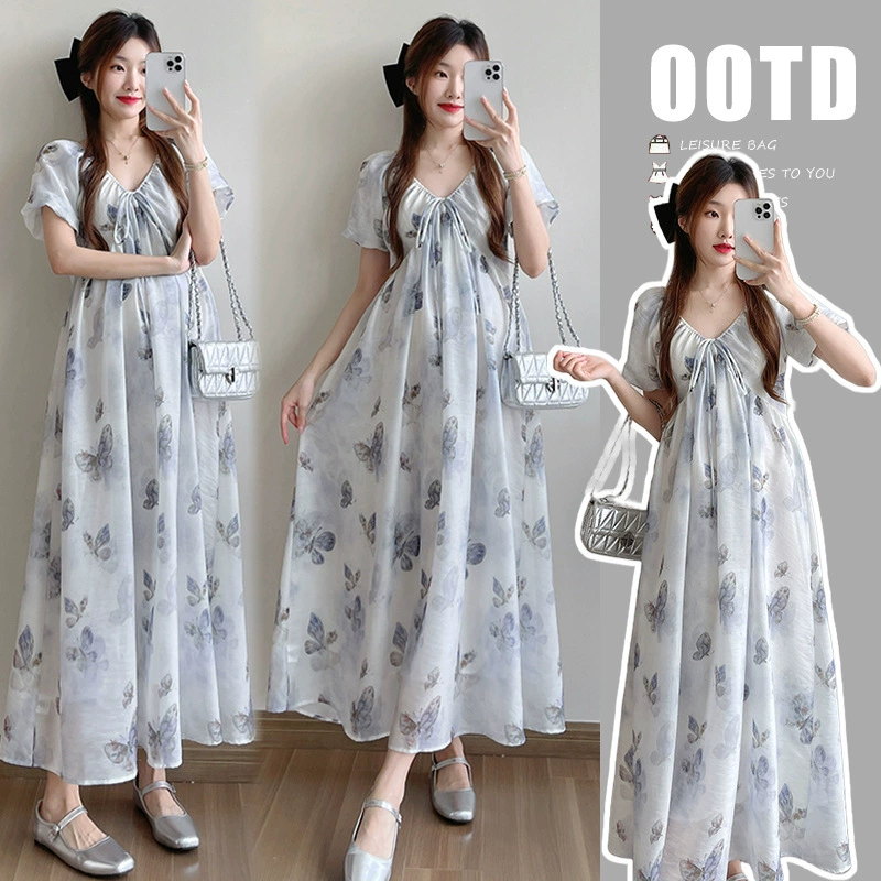 2024 лето новый стиль одежды для беременных романтический повседневный V-образный шнуровка длинная юбка свободно платья материнства
